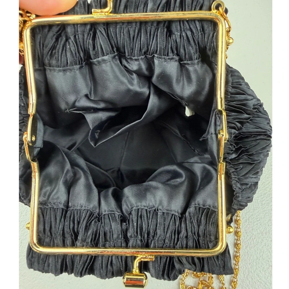 Vintage Black Satin Pleated‎ Evening Bag Gold Chain Kiss Lock Clutch Pouch
